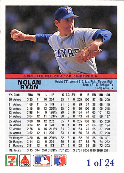 FIINR Baseball Card 1992 Fleer Nolan Ryan MLB Baseball Card #1 of 24 - Mint Condition