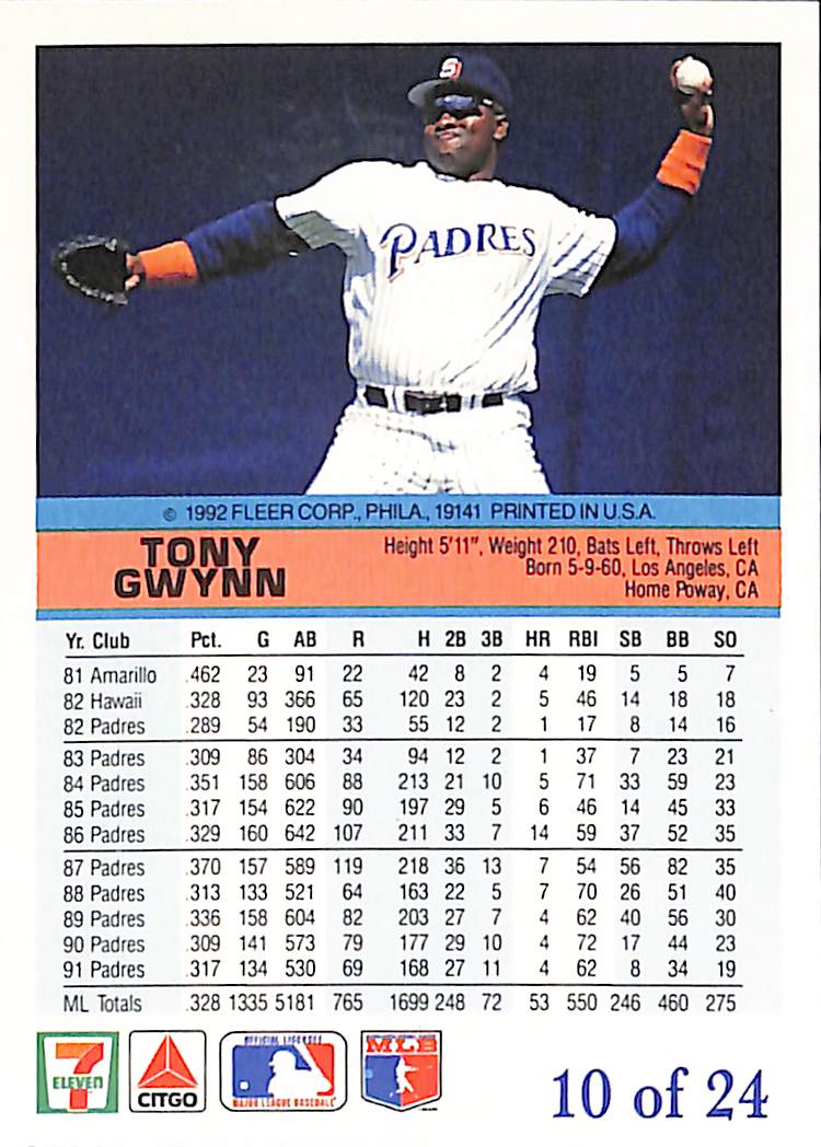FIINR Baseball Card 1992 Fleer The Performer Tony Gwynn MLB Baseball Card #10 - Mint Condition