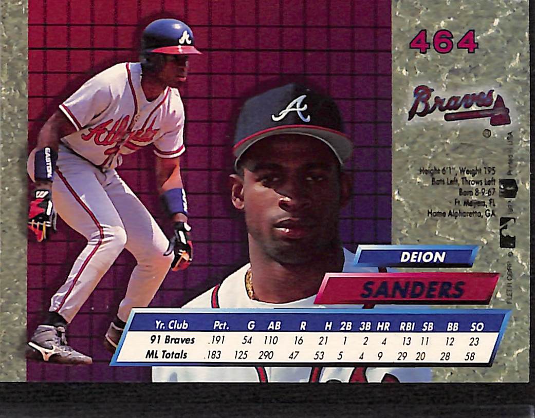 FIINR Baseball Card 1992 Fleer Ultra  Deion Sanders Baseball Card Braves #464 - Mint Condition