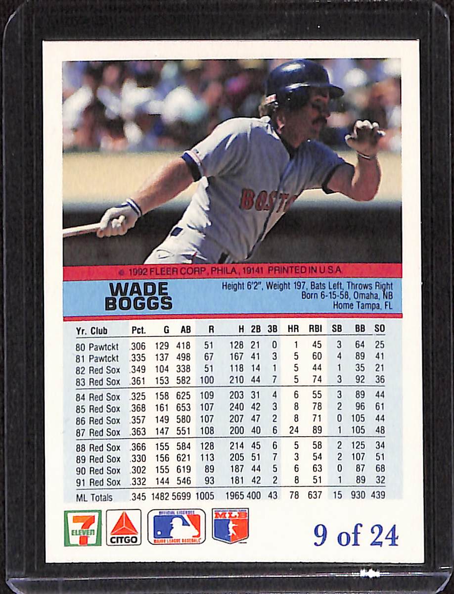 FIINR Baseball Card 1992 Fleer Wade Boggs MLB Baseball Card #9 - Mint Condition