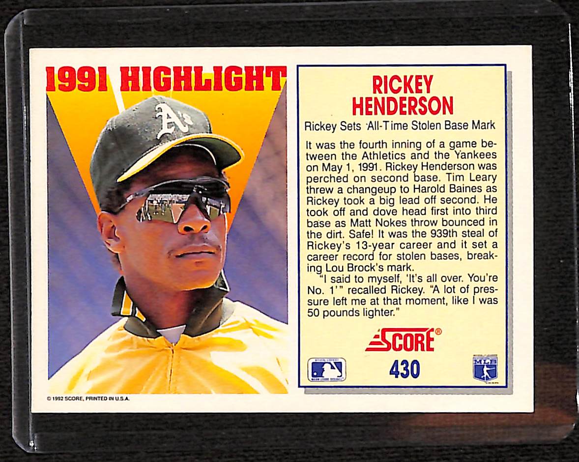 FIINR Baseball Card 1992 Score All Time Stolen Base Leader Rickey Henderson Baseball Card #430 - Mint Condition