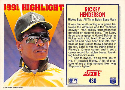 FIINR Baseball Card 1992 Score All Time Stolen Base Leader Rickey Henderson Baseball Card #430 - Mint Condition