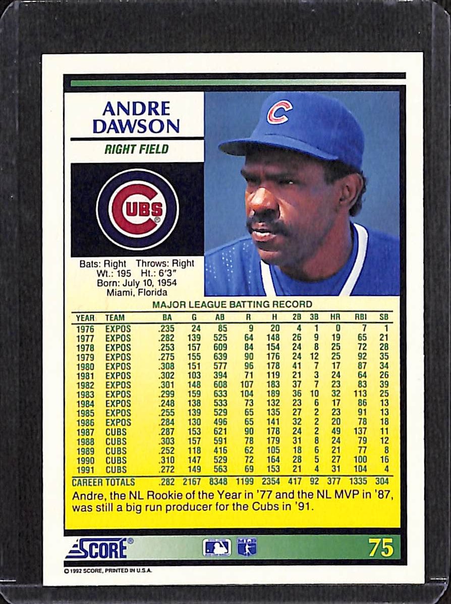 FIINR Baseball Card 1992 Score Andre Dawson Baseball Card #75 - Mint Condition