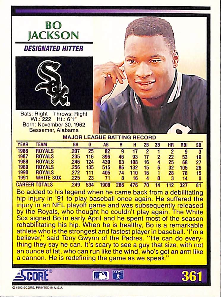FIINR Baseball Card 1992 Score Bo Jackson Baseball Card White Sox #361 - Mint Condition