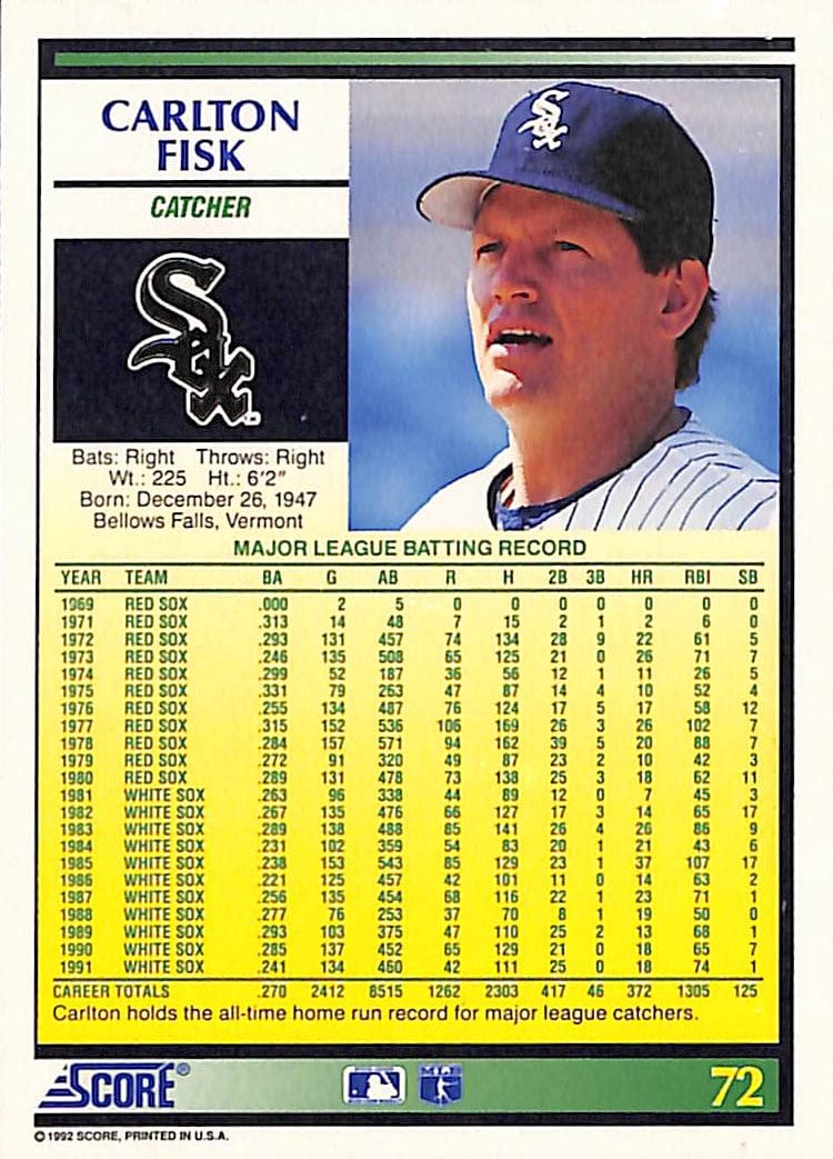 FIINR Baseball Card 1992 Score Carlton Fisk Vintage MLB Baseball Card #72 - Mint Condition