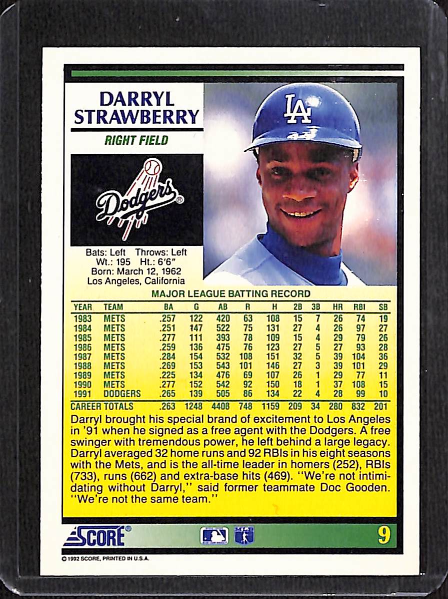 FIINR Baseball Card 1992 Score Darryl Strawberry MLB Baseball Card #9 - Mint Condition