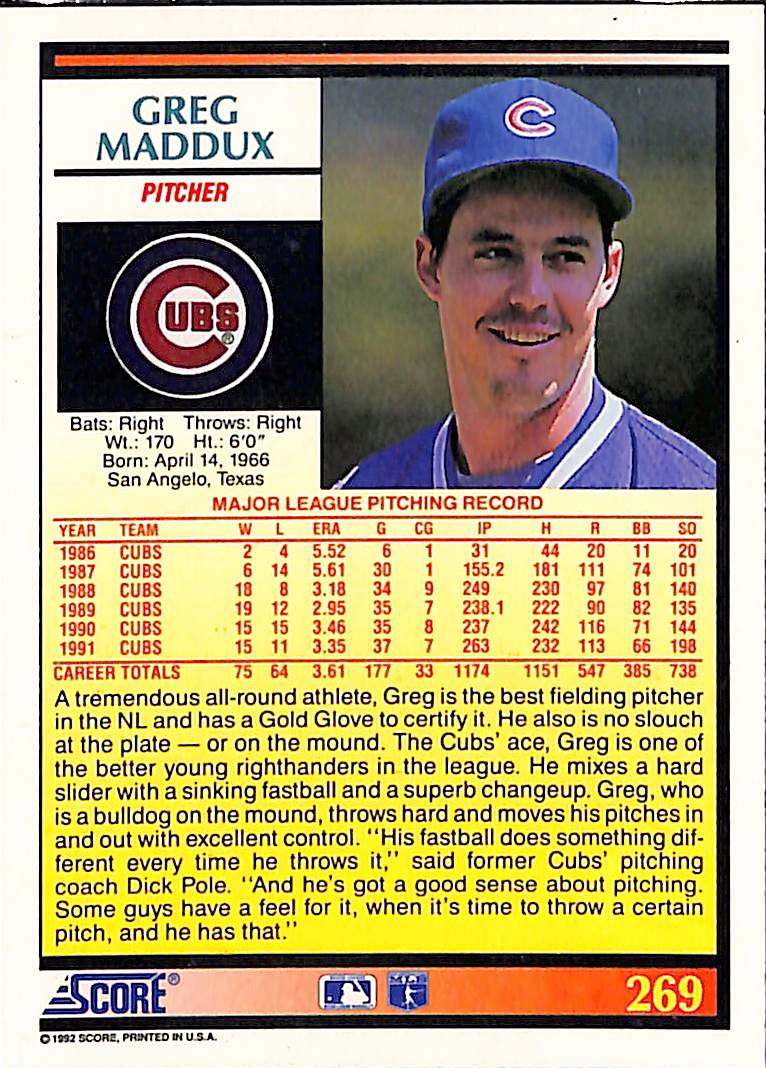 FIINR Baseball Card 1992 Score Greg Maddux MLB Baseball Card #269 - Mint Condition