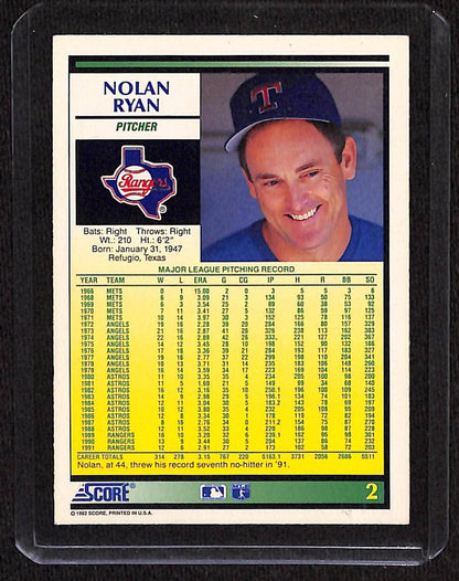 FIINR Baseball Card 1992 Score Nolan Ryan Rangers Baseball Card #2 - Mint Condition