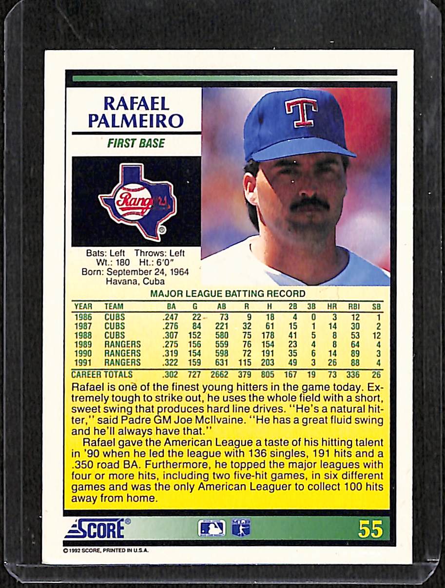 FIINR Baseball Card 1992 Score Rafael Palmeiro Vintage MLB Baseball Card #55 - Mint Condition
