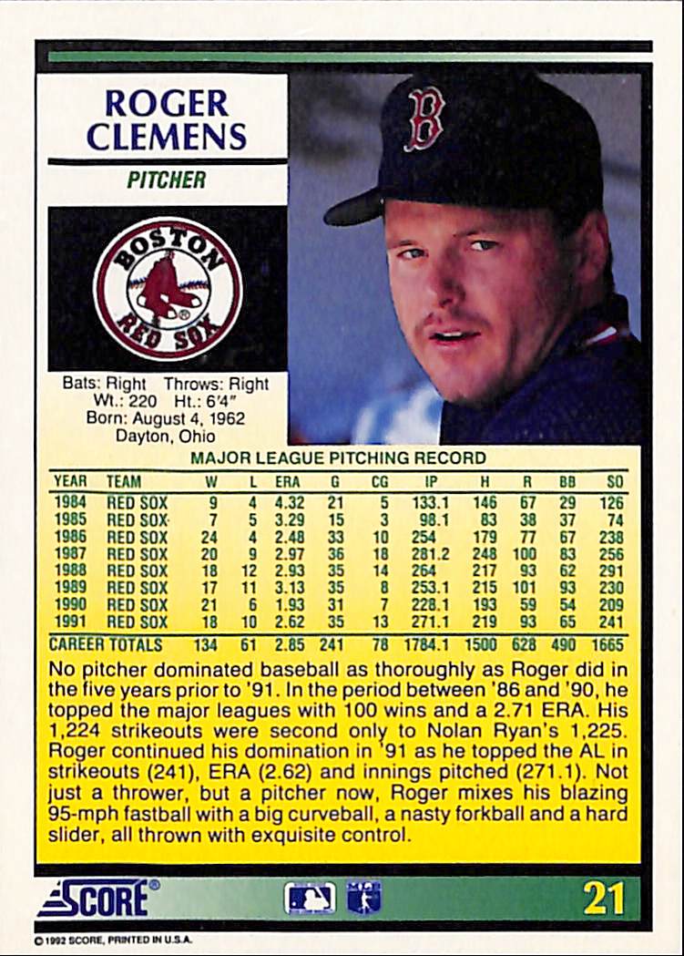 FIINR Baseball Card 1992 Score Roger Clemens MLB Baseball Card #21 - Mint Condition