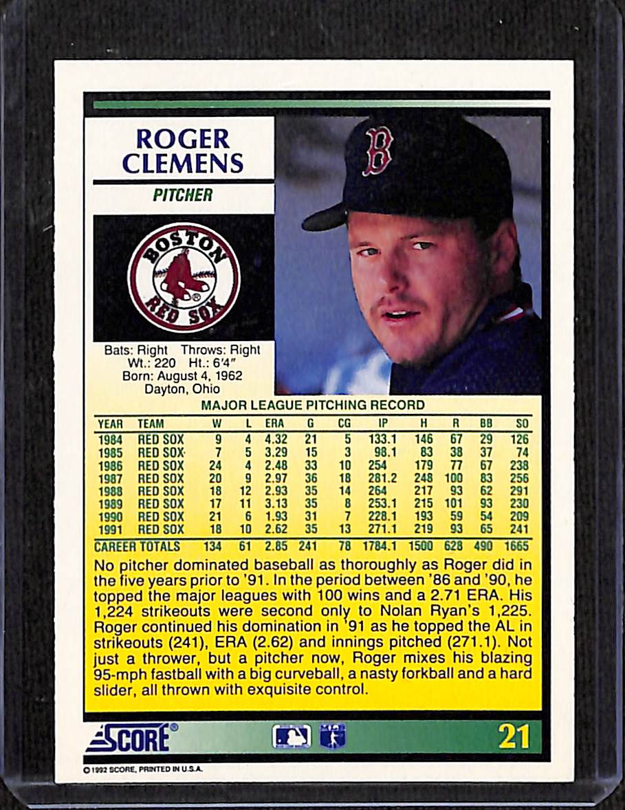 FIINR Baseball Card 1992 Score Roger Clemens MLB Baseball Card #21 - Mint Condition