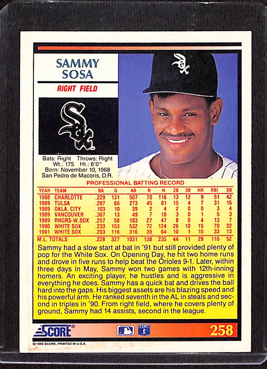 FIINR Baseball Card 1992 Score Sammy Sosa MLB Baseball Error Card #258 - Mint Condition