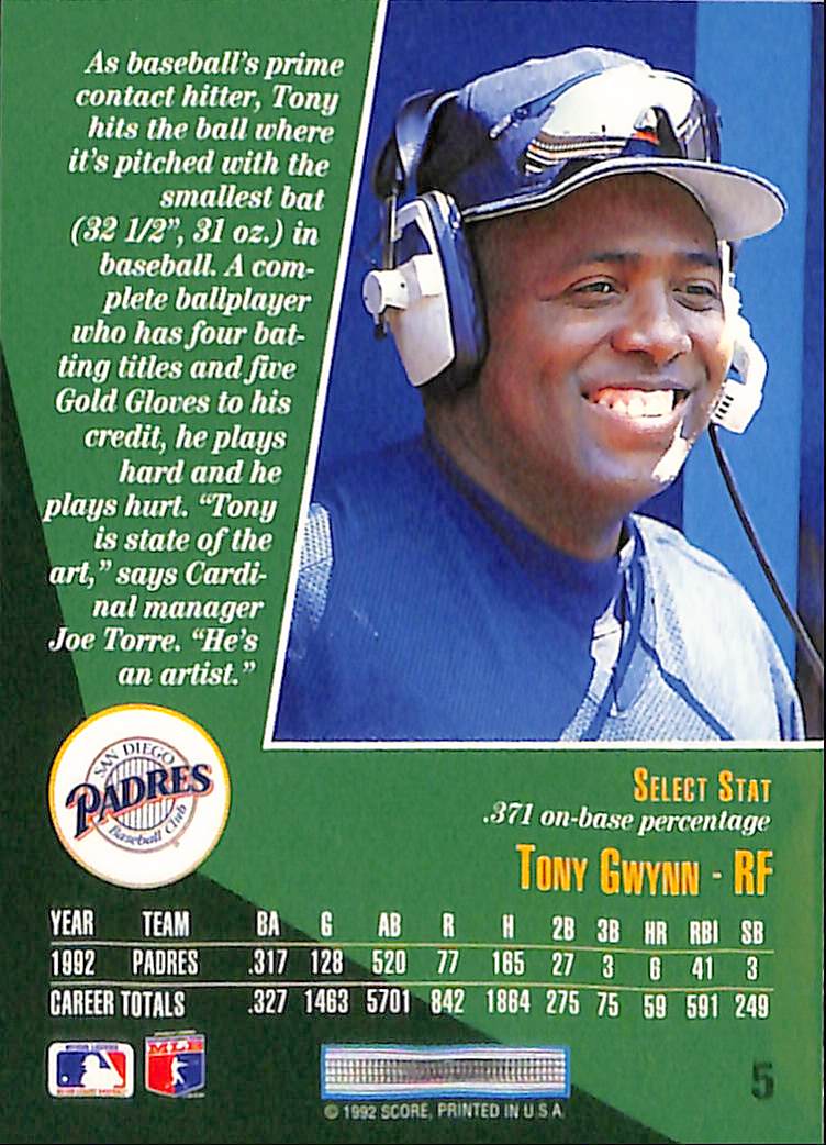 FIINR Baseball Card 1992 Score Select Tony Gwynn Baseball Card #5 - Mint Condition