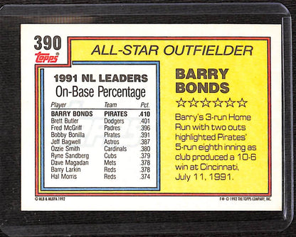 FIINR Baseball Card 1992 Topps All-Star Barry Bonds Baseball Card #390 - Mint Condition