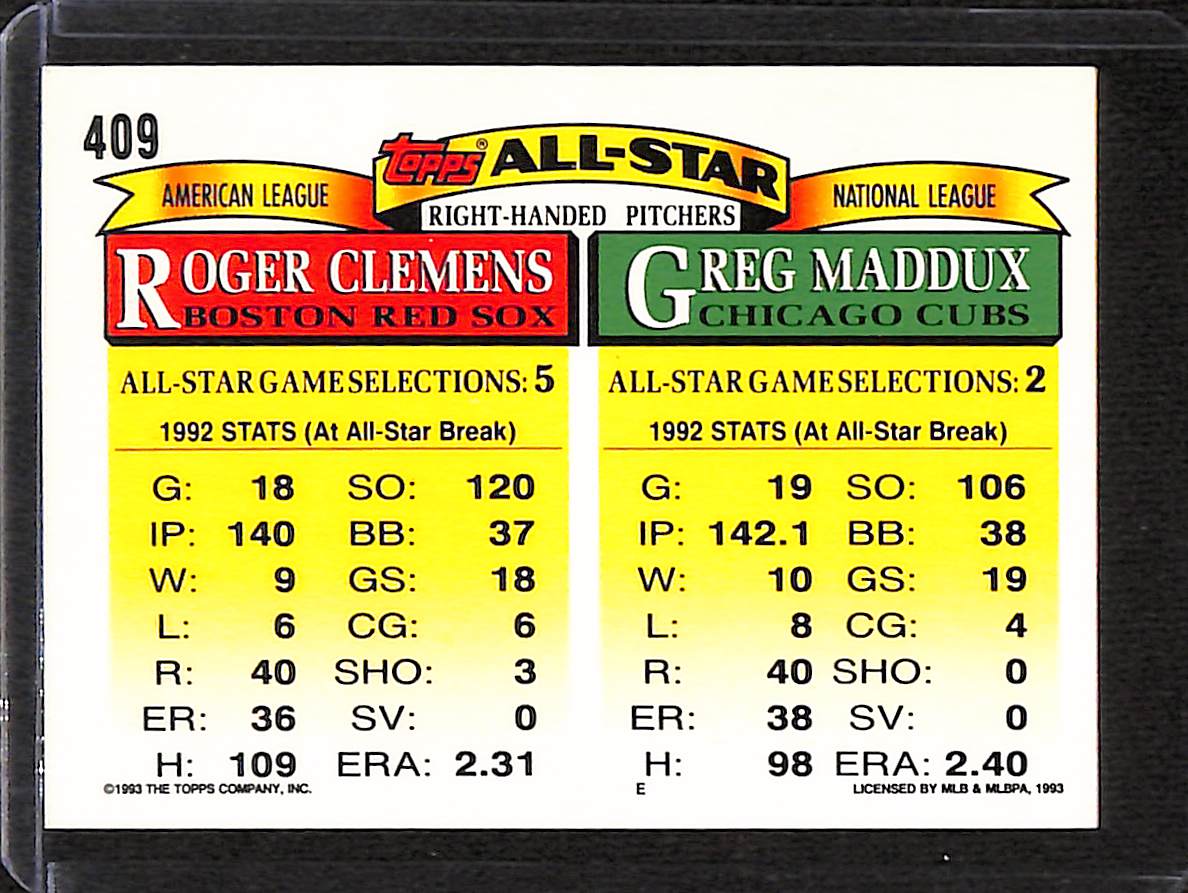 FIINR Baseball Card 1992 Topps All-Stars Roger Clemens and Greg Maddux MLB Baseball Card #409 - Mint Condition