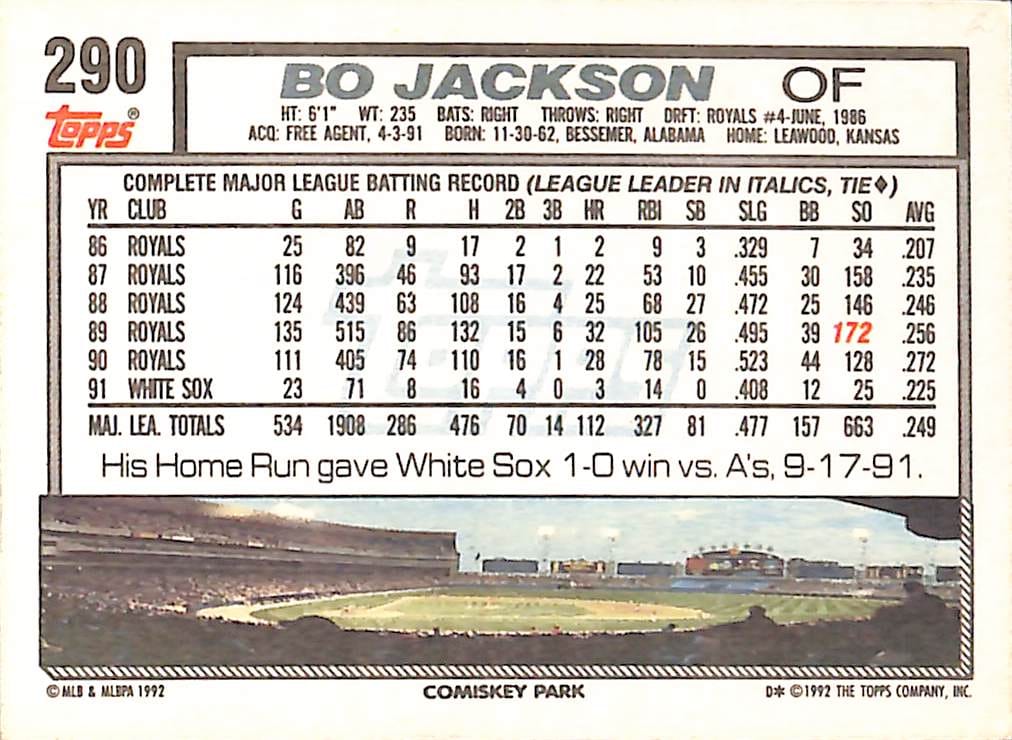 FIINR Baseball Card 1992 Topps Bo Jackson Baseball Card White Sox #290 - Mint Condition