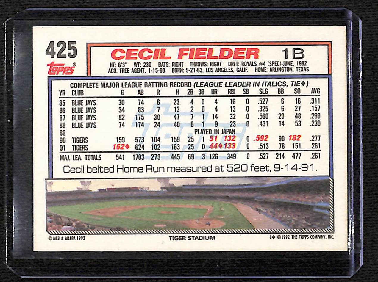 FIINR Baseball Card 1992 Topps Cecil Fielder MLB Baseball Card #425 - Mint Condition