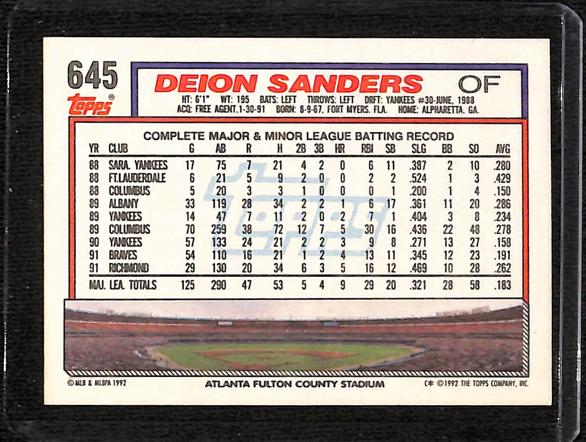 FIINR Baseball Card 1992 Topps Deion Sanders Baseball Card Braves #645 - Mint Condition