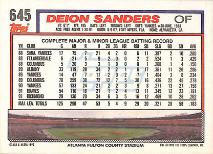 FIINR Baseball Card 1992 Topps Deion Sanders Baseball Card Braves #645 - Mint Condition