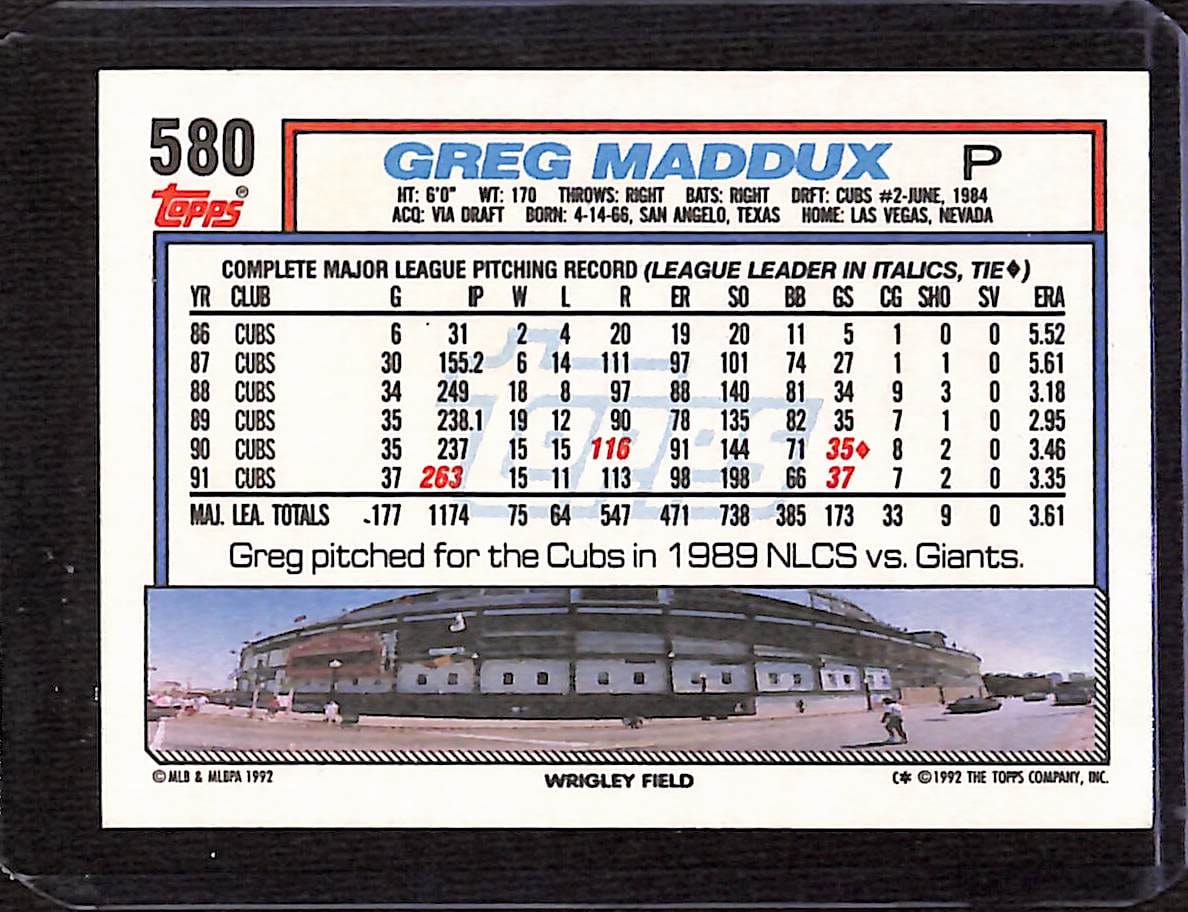 FIINR Baseball Card 1992 Topps Greg Maddux MLB Baseball Card #580 - Mint Condition