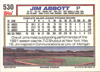 FIINR Baseball Card 1992 Topps Jim Abbott MLB Baseball Card #530 - Mint Condition