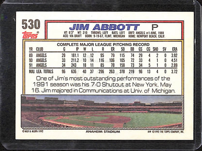 FIINR Baseball Card 1992 Topps Jim Abbott MLB Baseball Card #530 - Mint Condition