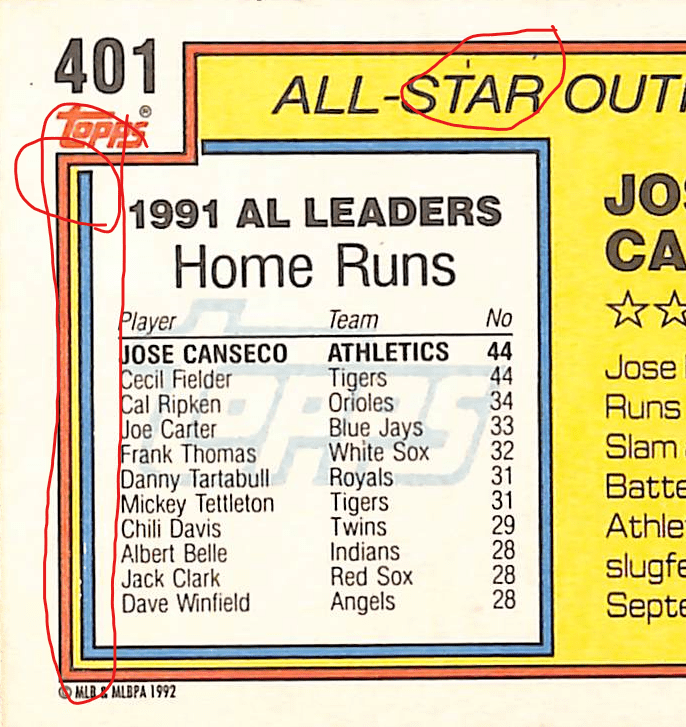FIINR Baseball Card 1992 Topps Jose Canseco Baseball Error Card #401 - Error Card - Mint Condition