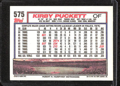 FIINR Baseball Card 1992 Topps Kirby Puckett MLB Baseball Error Card #575 - Error Card - Mint Condition