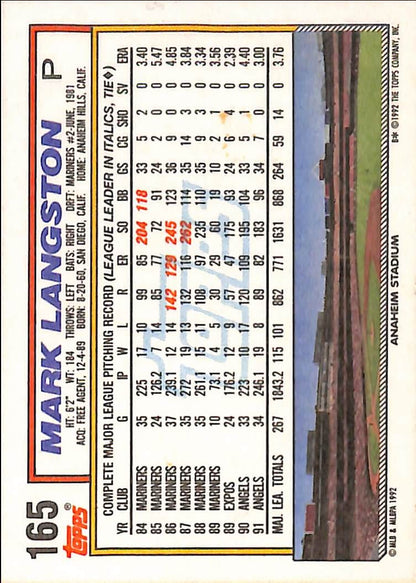FIINR Baseball Card 1992 Topps Mark Langston MLB Baseball Card #165 - Mint Condition