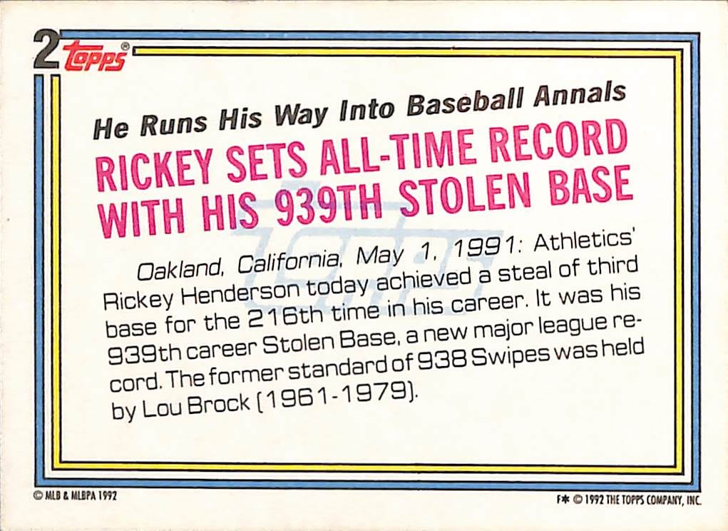 FIINR Baseball Card 1992 Topps Record Breaker Rickey Henderson MLB Baseball Card #2 - Mint Condition