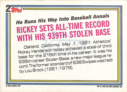 FIINR Baseball Card 1992 Topps Record Breaker Rickey Henderson MLB Baseball Card #2 - Mint Condition