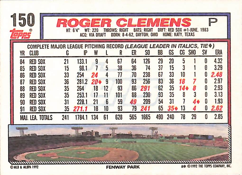 FIINR Baseball Card 1992 Topps Roger Clemens Baseball Card #150 - Mint Condition