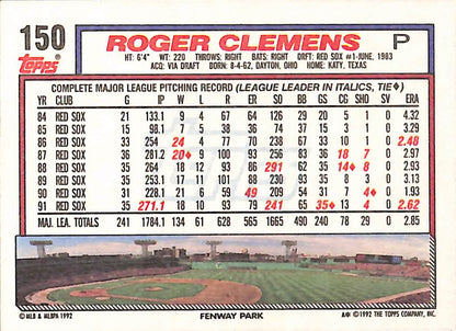 FIINR Baseball Card 1992 Topps Roger Clemens Baseball Card #150 - Mint Condition