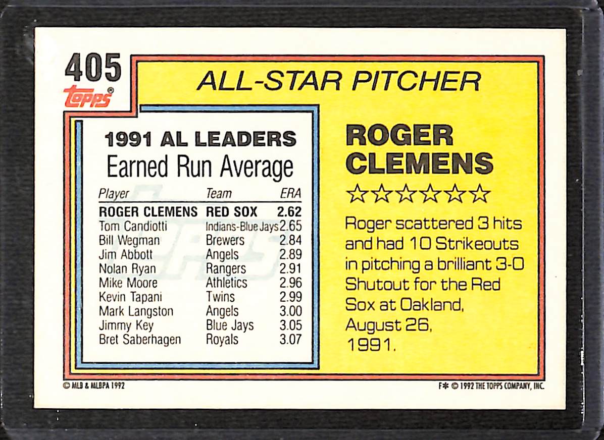 FIINR Baseball Card 1992 Topps Roger Clemens Baseball Card #404 - Mint Condition