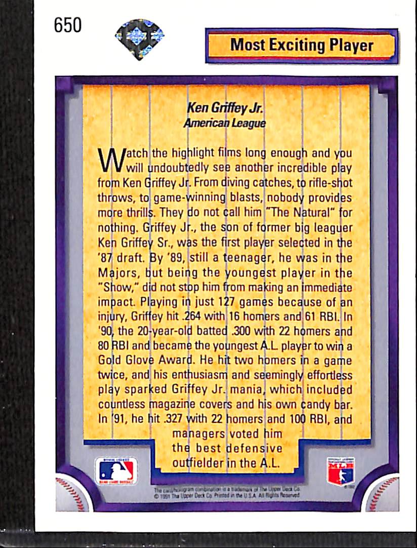 FIINR Baseball Card 1992 Upper Deck Diamond Skills Ken Griffey Jr. Baseball Card #650 - Mint Condition