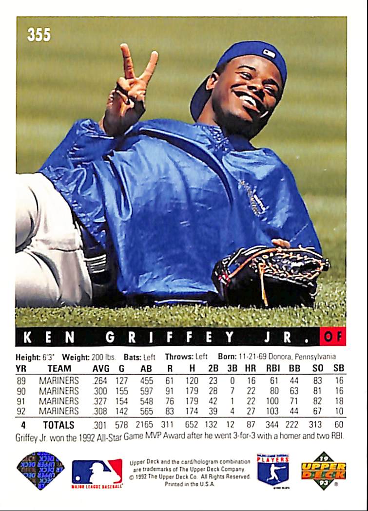 FIINR Baseball Card 1992 Upper Deck Ken Griffey Jr. Baseball Card #355 - Mint Condition