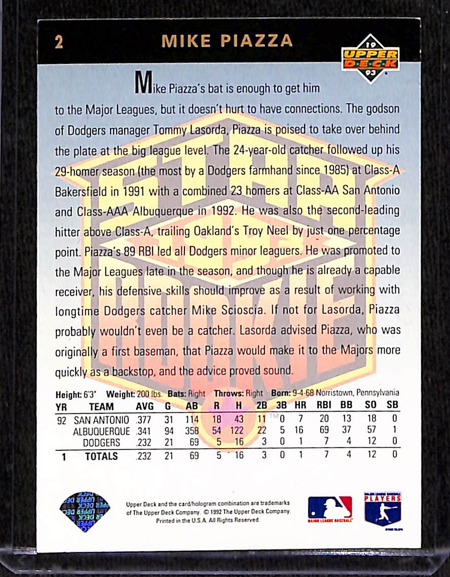 FIINR Baseball Card 1992 Upper Deck Mike Piazza Rookie MLB Baseball Card #2 - Rookie Card - Mint Condition