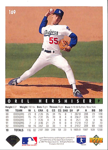 FIINR Baseball Card 1992 Upper Deck Orel Hershiser Baseball Card #169 - Mint Condition