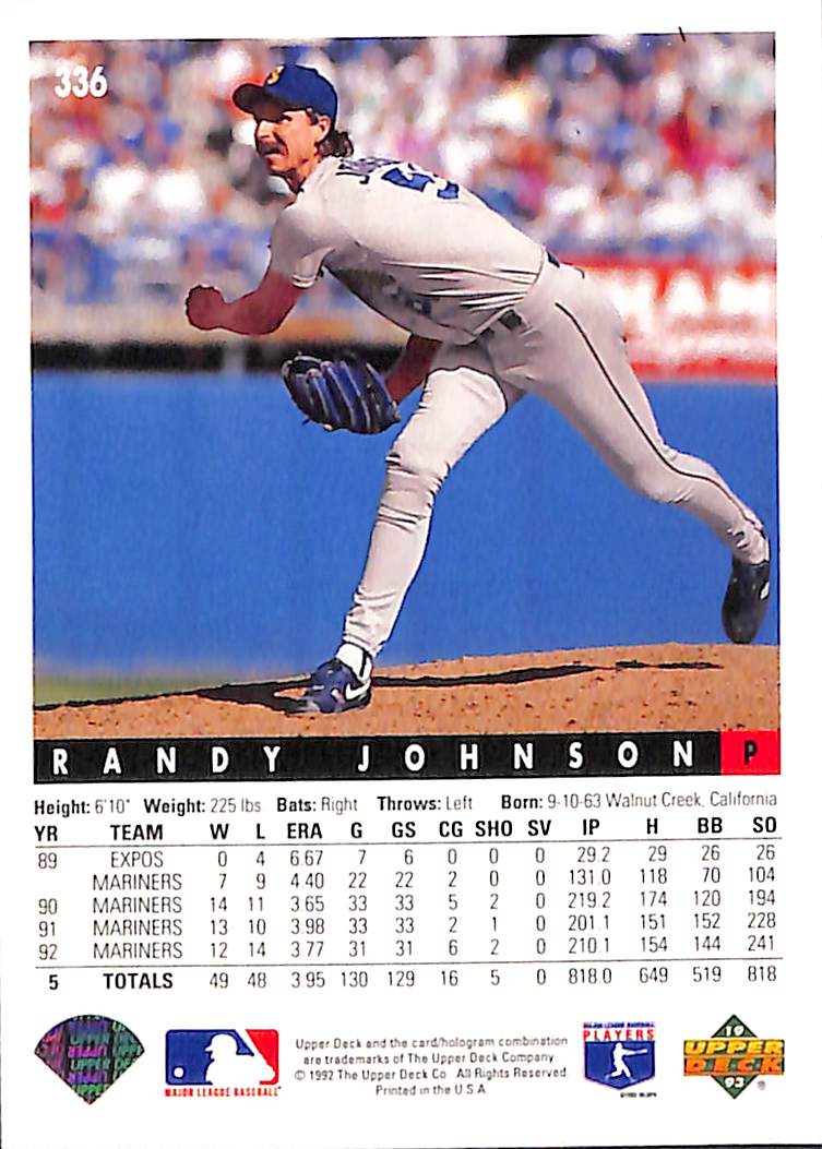FIINR Baseball Card 1992 Upper Deck Randy Johnson Baseball Card #336 - Mint Condition
