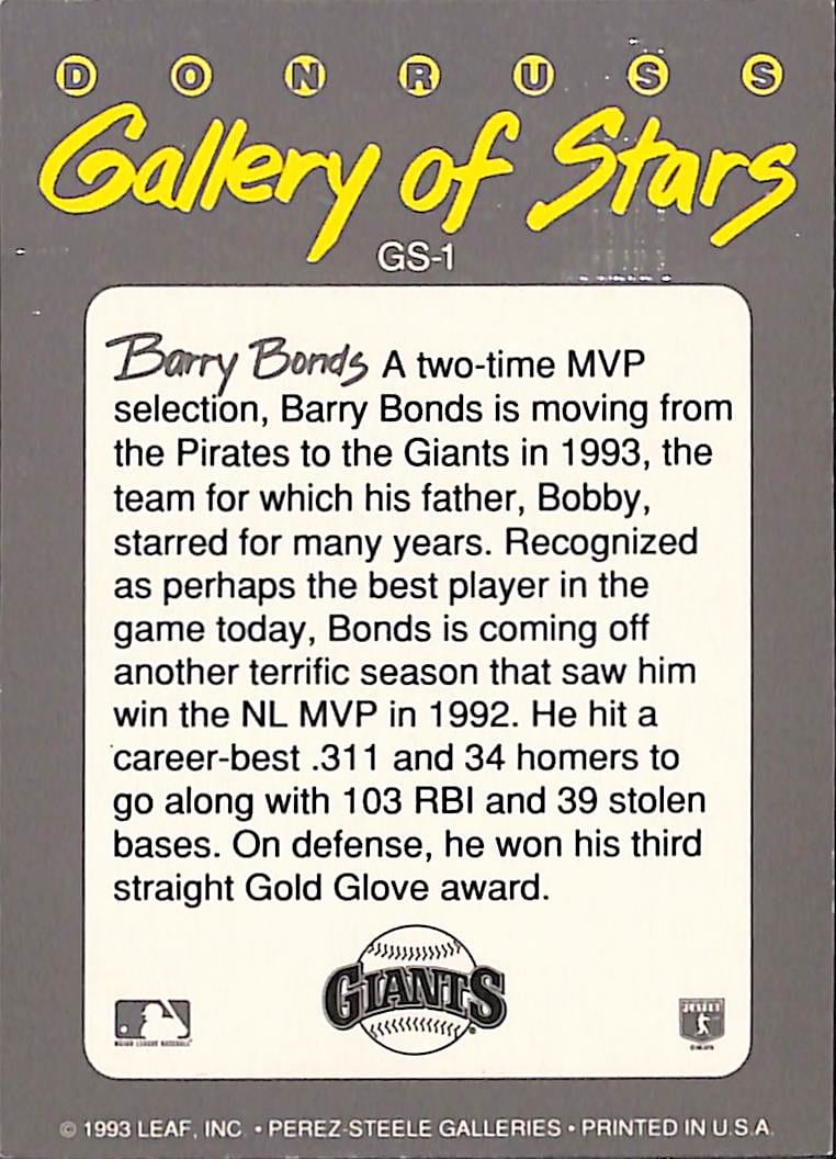 FIINR Baseball Card 1993 Donruss Gallery of Stars Barry Bonds Baseball Card #GS-1 - Mint Condition