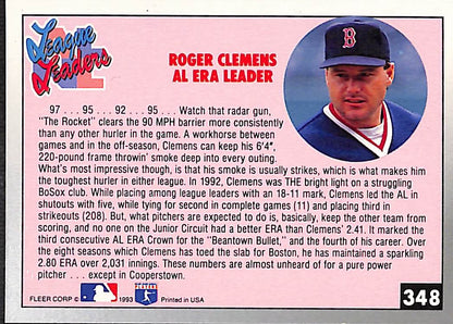 FIINR Baseball Card 1993 Fleer League Leaders Roger Clemens MLB Baseball Card #348 - Mint Condition