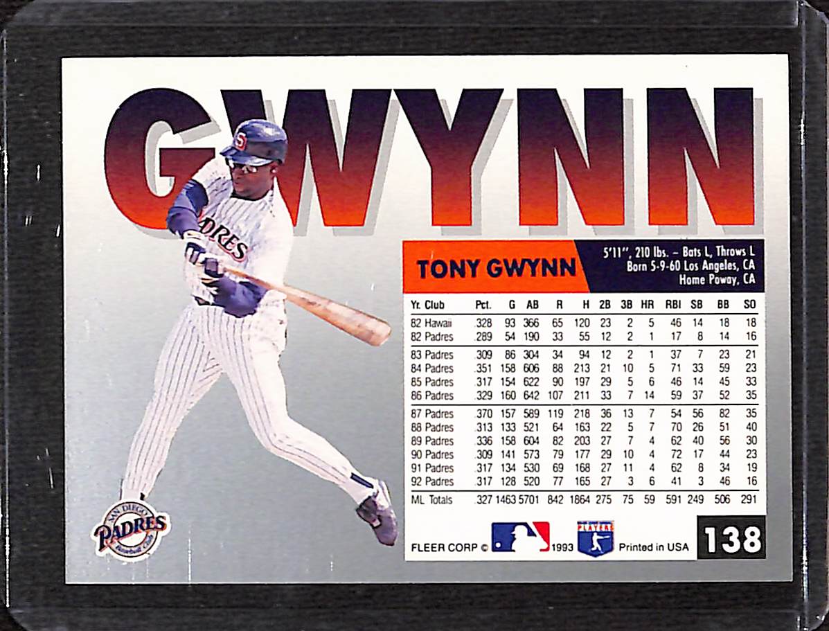 FIINR Baseball Card 1993 Fleer Tony Gwynn MLB Baseball Card #138 - Mint Condition
