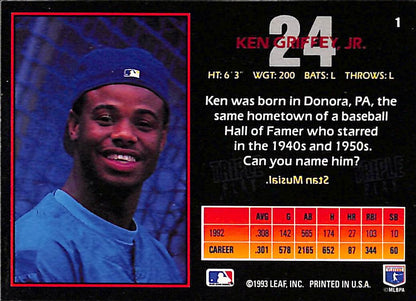 FIINR Baseball Card 1993 Leaf Ken Griffey Jr. MLB Baseball Card #1 - Mint Condition