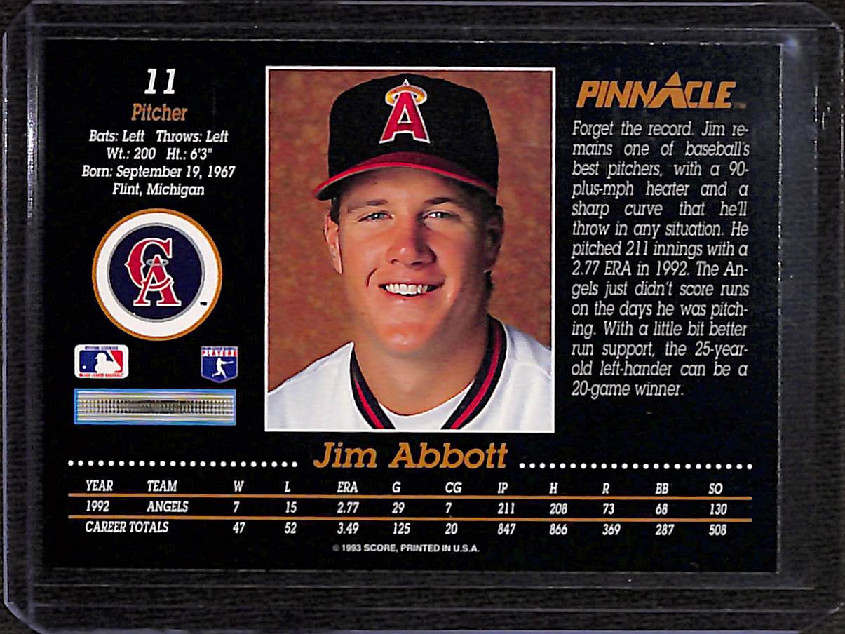 FIINR Baseball Card 1993 Pinnacle Jim Abbott MLB Baseball Card #11 - Mint Condition
