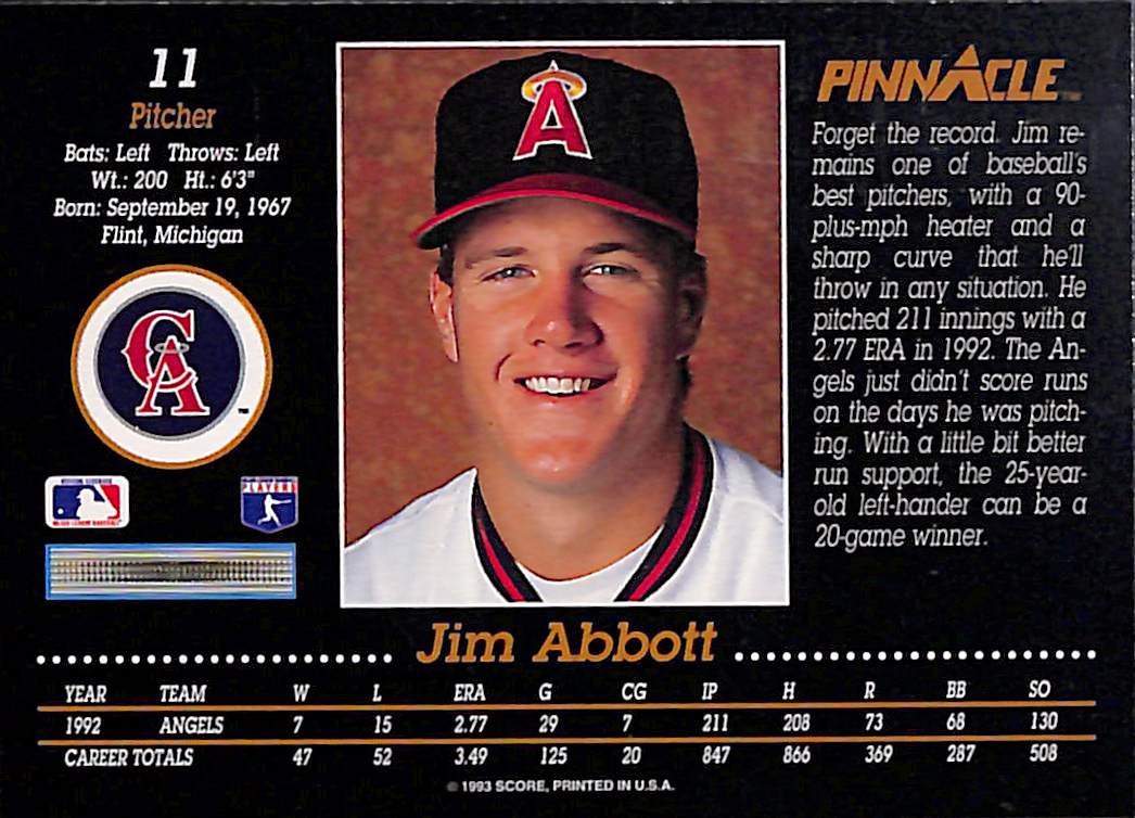 FIINR Baseball Card 1993 Pinnacle Jim Abbott MLB Baseball Card #11 - Mint Condition