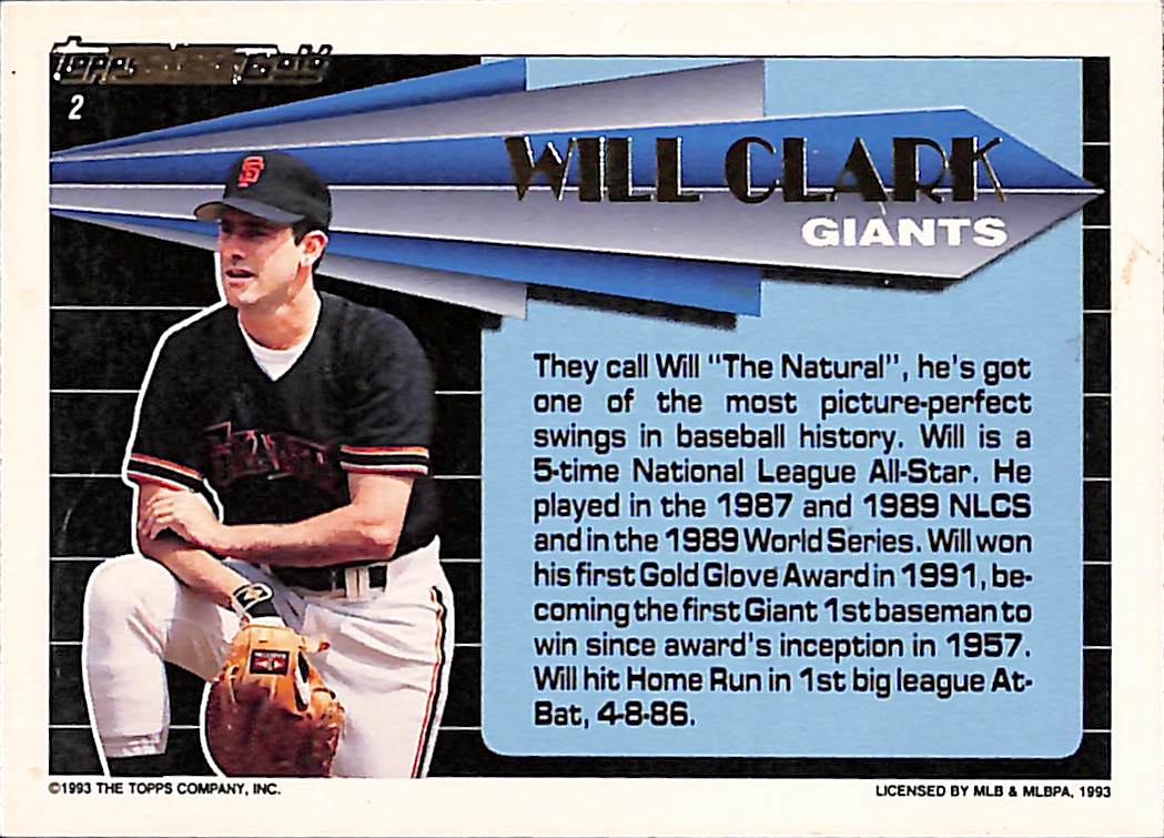 FIINR Baseball Card 1993 Topps Black Gold Will Clark MLB Baseball Player Card #2 - Mint Condition