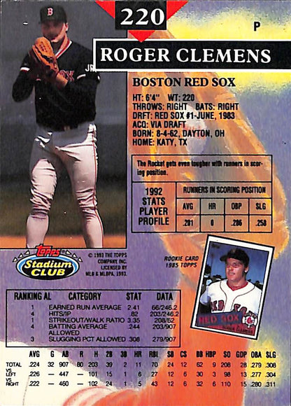 FIINR Baseball Card 1993 Topps Stadium Club Roger Clemens MLB Baseball Card #220