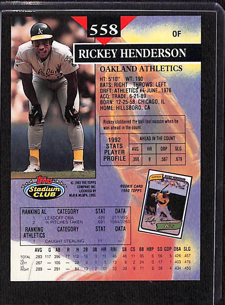FIINR Baseball Card 1993 Topps Stadium Rickey Henderson Baseball Card #558 - Mint Condition