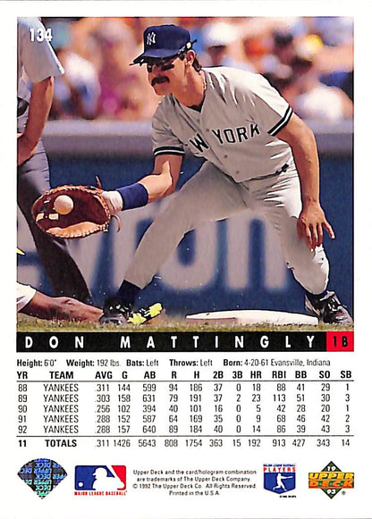 FIINR Baseball Card 1993 Upper Deck Don Mattingly Baseball Card #134 - Mint Condition