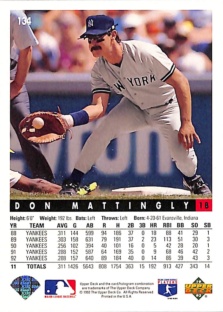 FIINR Baseball Card 1993 Upper Deck Don Mattingly Baseball Card #134 - Mint Condition